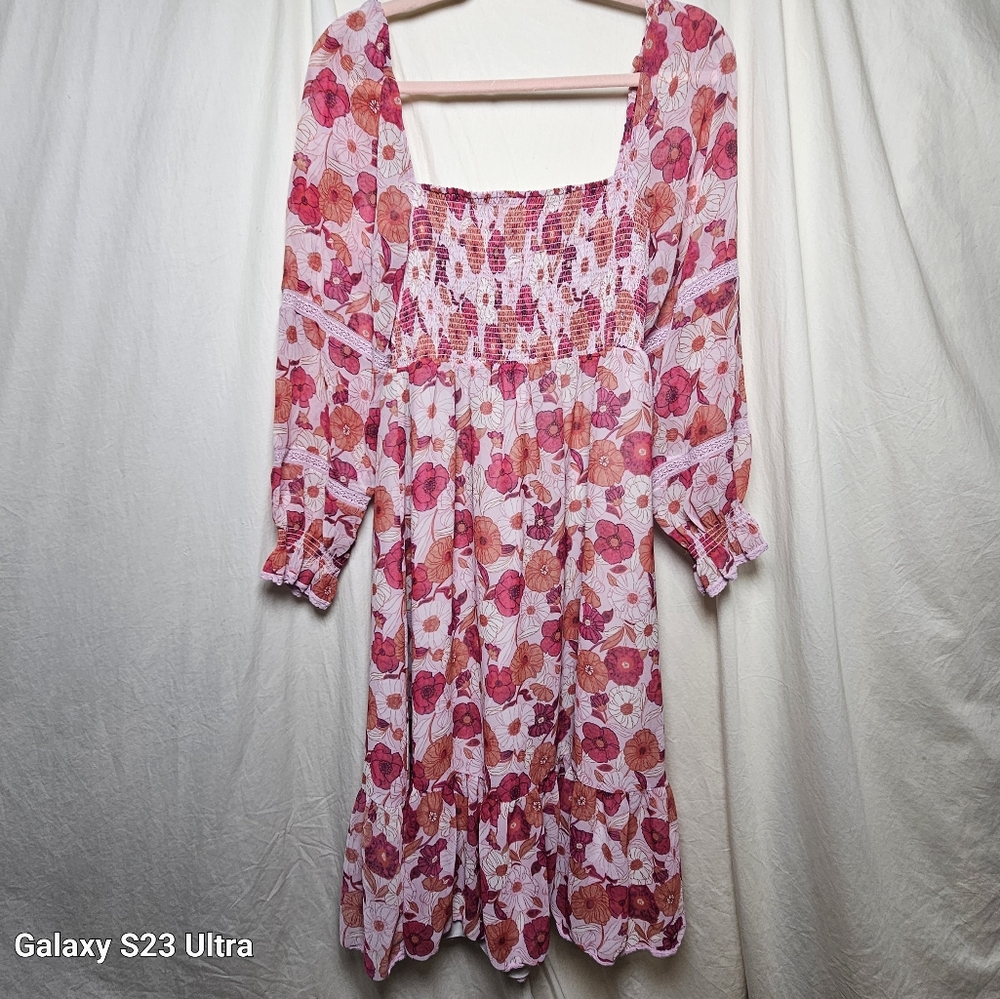 Aritzia Wilfred Hot And Pastel Pink Orange Floral Grace Midi Dress Lined Size M